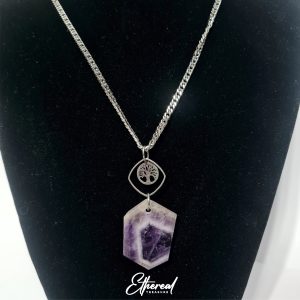 Amethyst Pendant + Tree of Life - Stainless Steel Chain