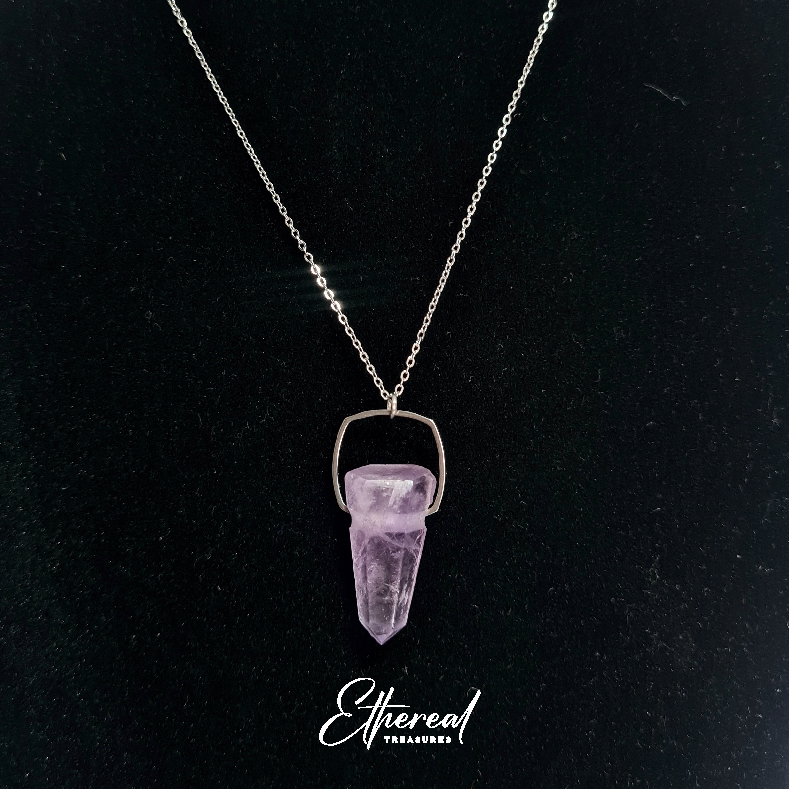 Amethyst Crystal Pendant - Stainless Steel Chain